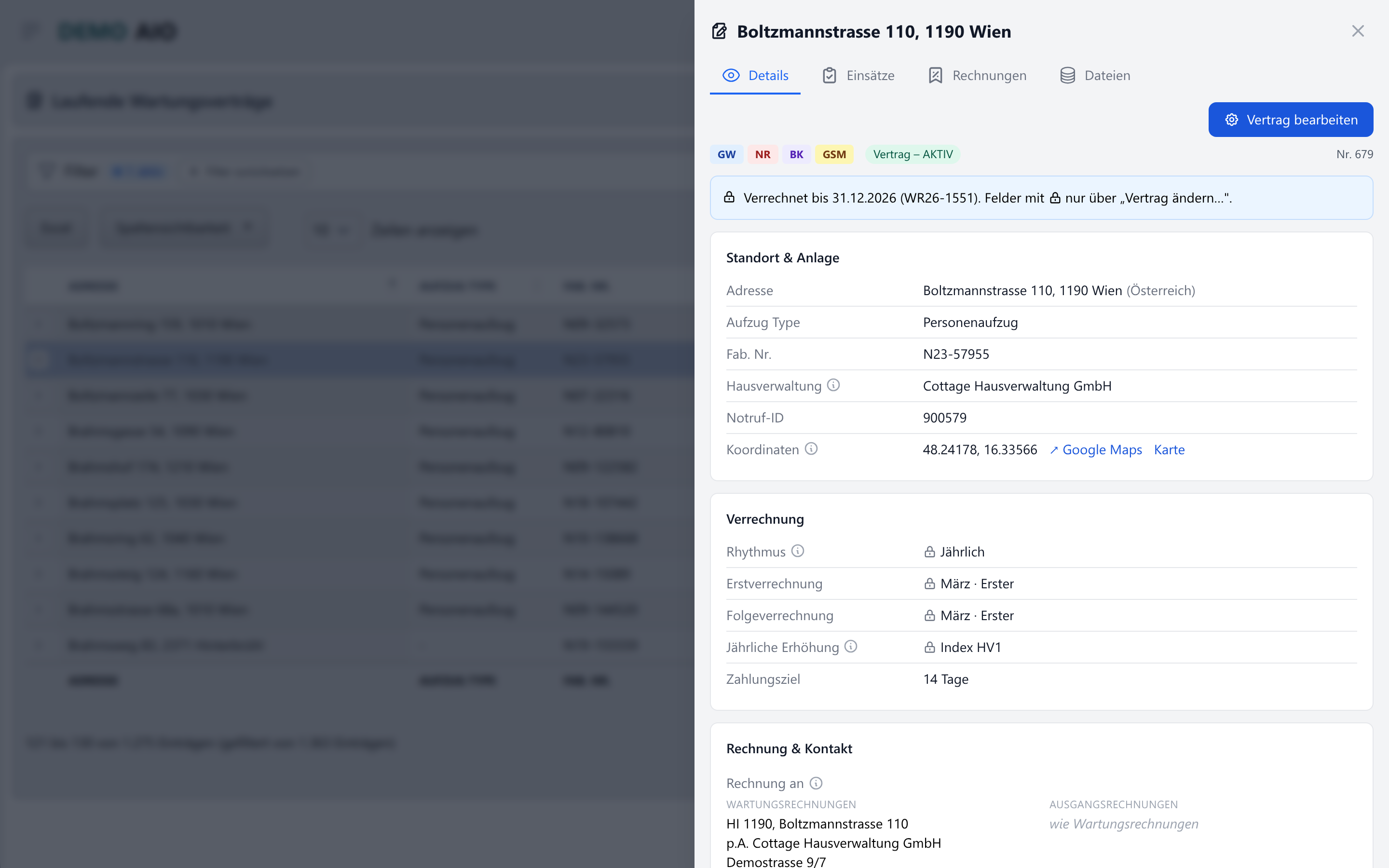 Schnellansicht eines Vertrags mit allen Stammdaten, von überall in der Anwendung per Klick erreichbar